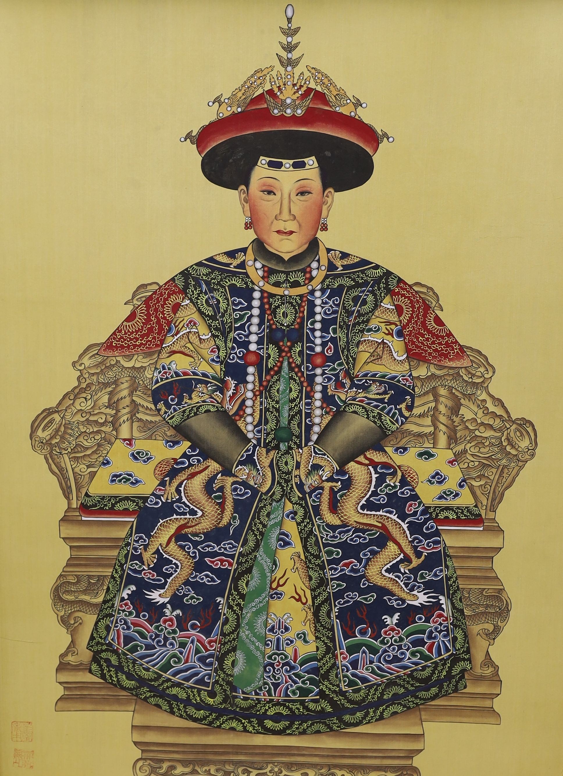 Chinese school, gouache on silk, ancestor portrait, 100x75cm